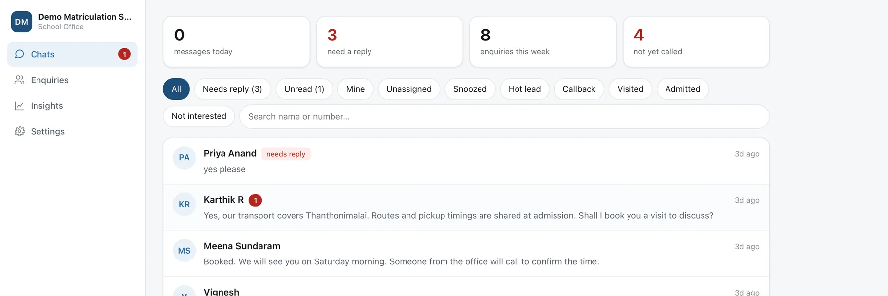 Conversation list with counts for messages today and enquiries needing a reply