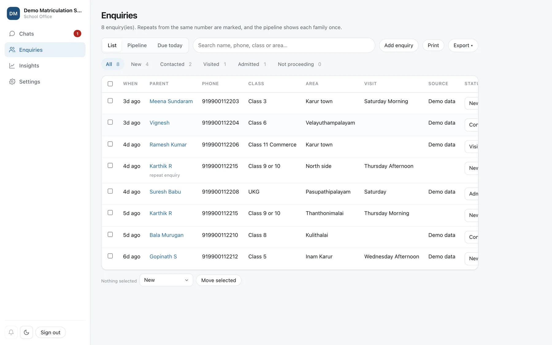 Enquiries screen showing a pipeline with status, class, area and visit slot