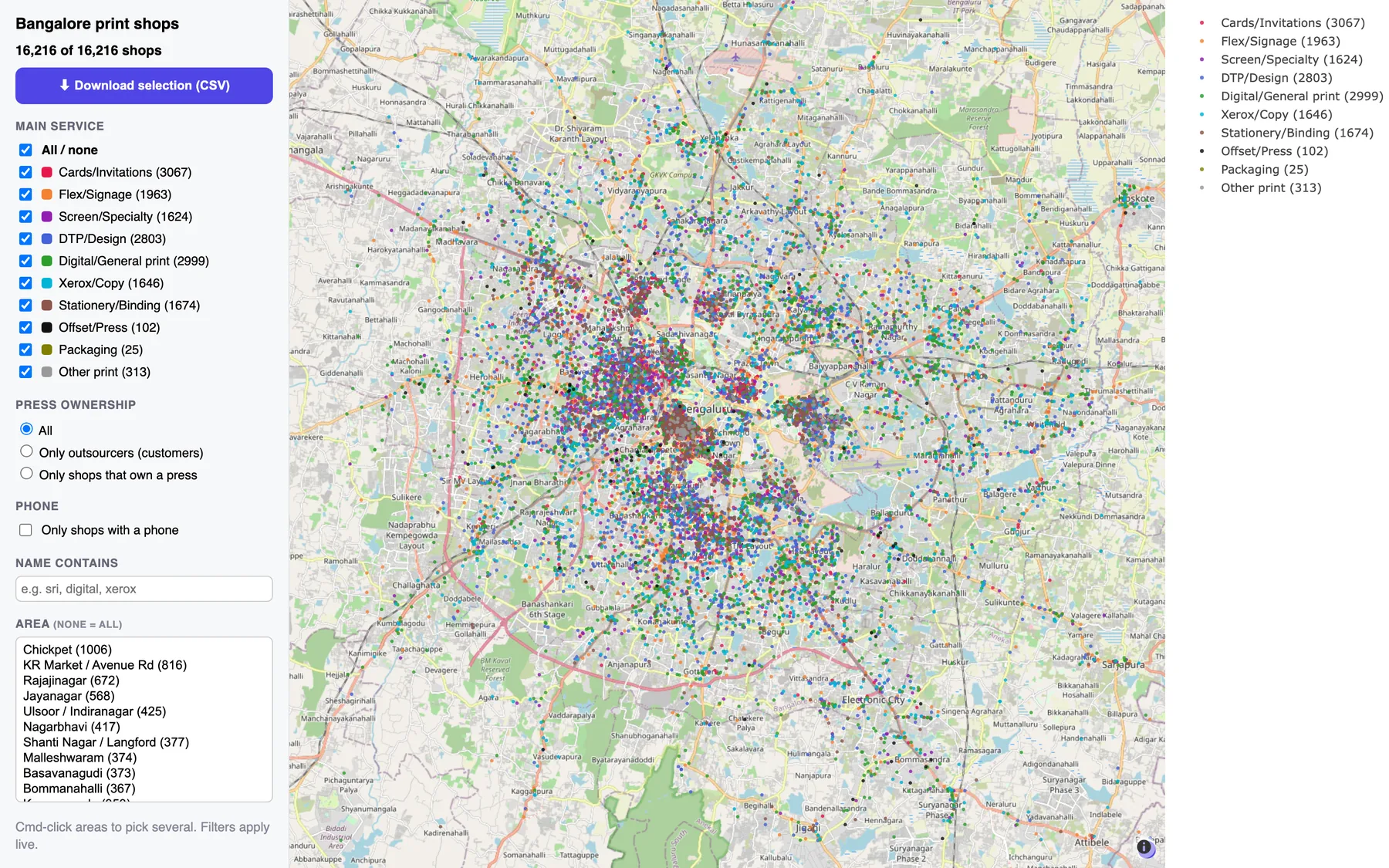 Map of Bangalore with 16,216 print shops plotted and colour-coded by trade, with live filters