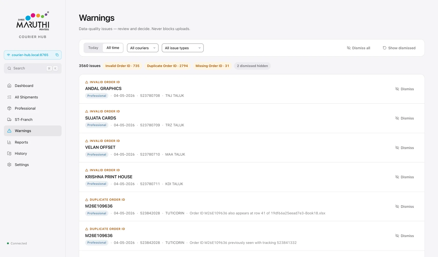 Warnings screen listing 3,560 data-quality issues grouped as invalid, duplicate and missing order IDs, each with the reason stated