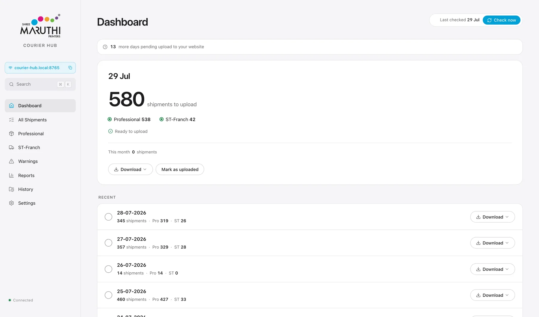 Courier Hub dashboard showing 580 shipments to upload for one day, split by courier, with the previous days listed below