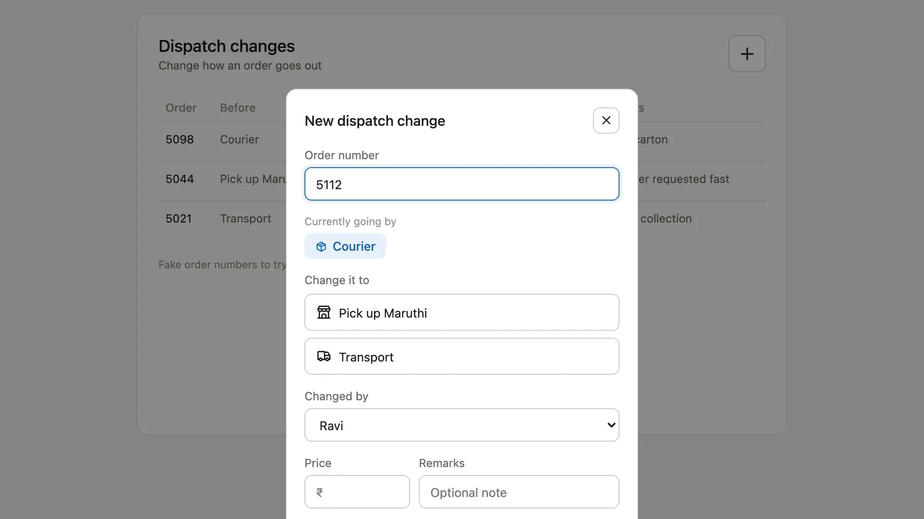 Prototype dialog for changing how an order is dispatched, showing the current method detected and only the valid alternatives