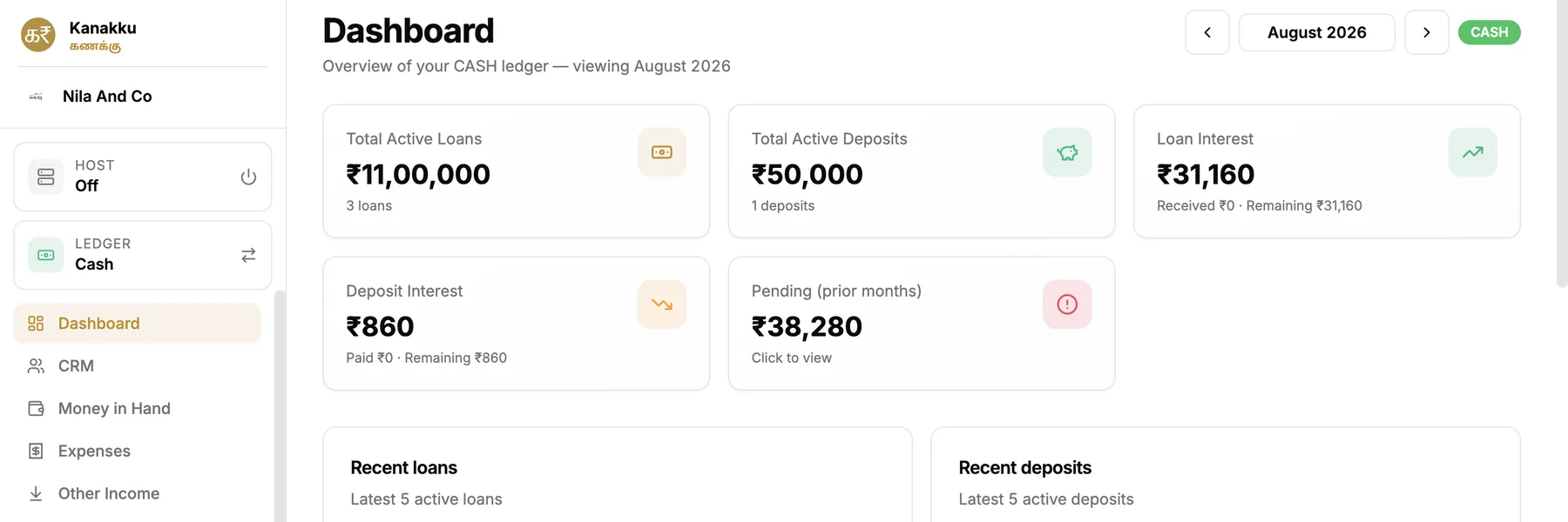 Kannuku dashboard showing active loans, deposits and interest owed