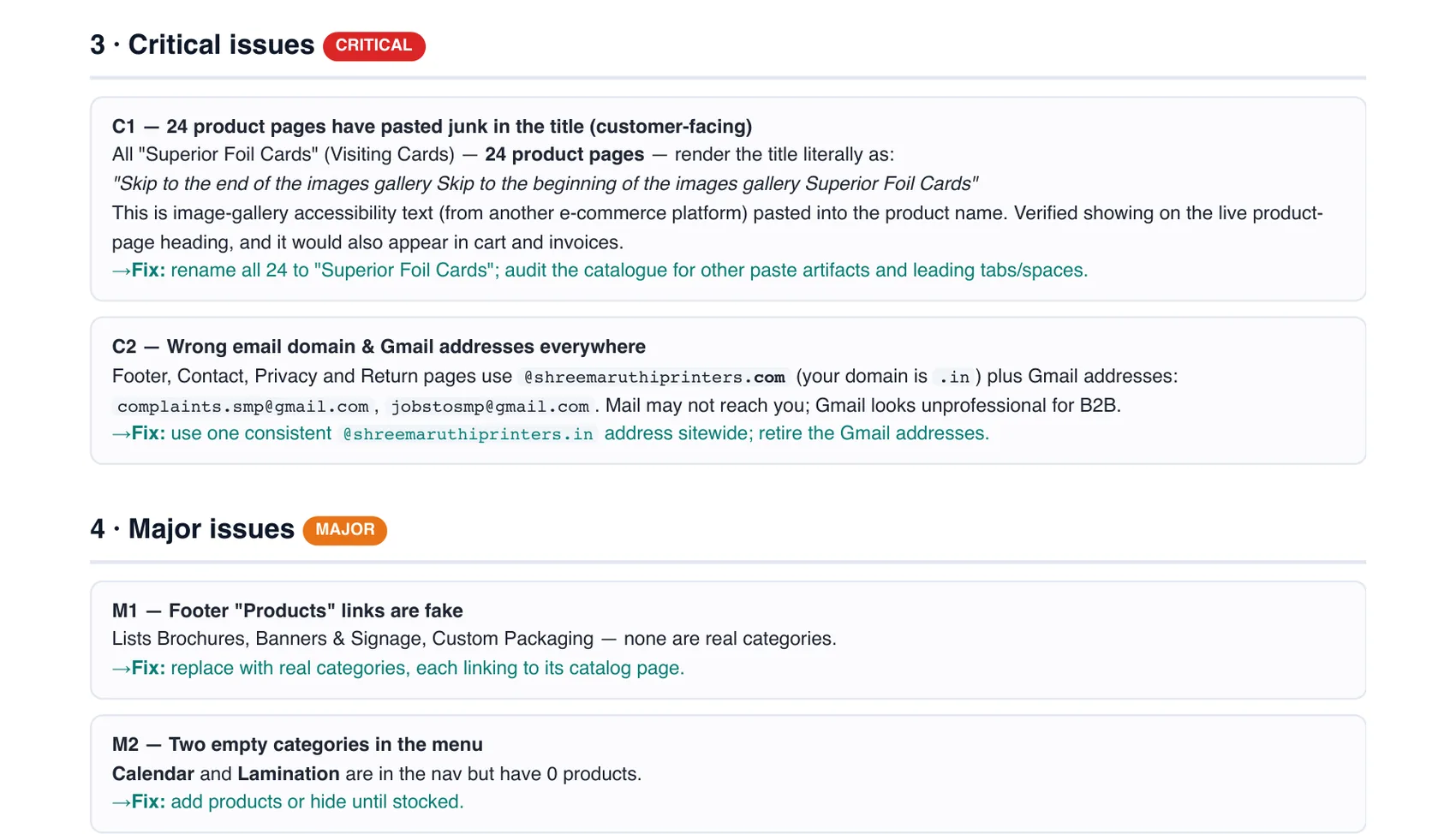 A page of the delivered review, listing critical findings with the fix for each