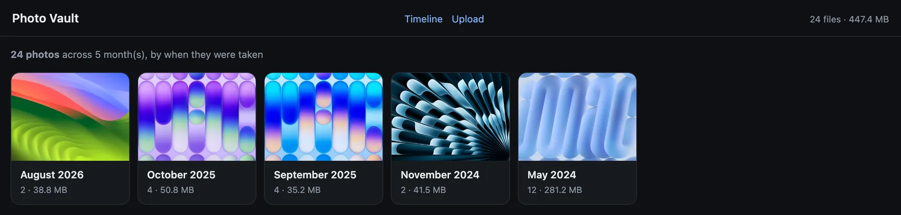 The same archive grouped by the month each photograph was taken, rather than by folder